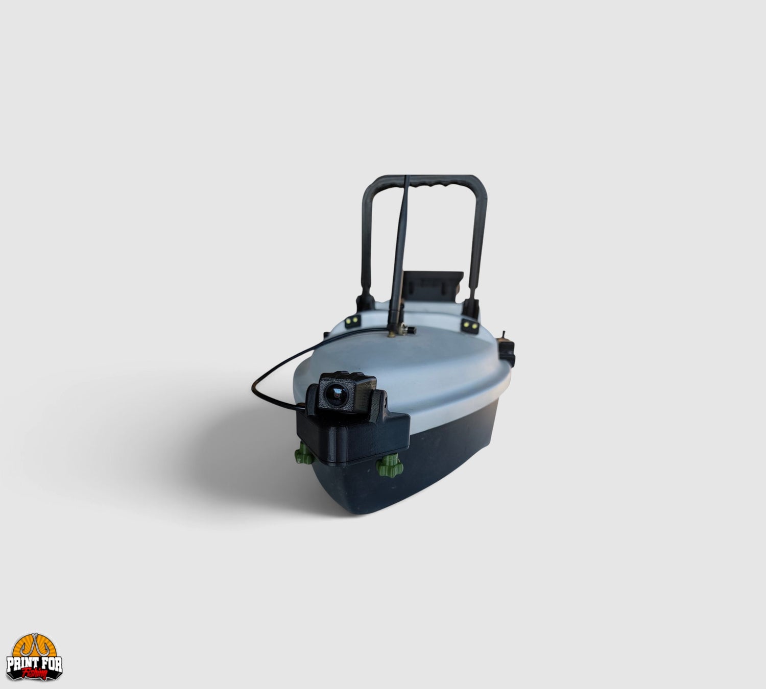 PrintForFishing removable FPV camera mounted on the front of a grey and black Anatec Monocoque bait boat