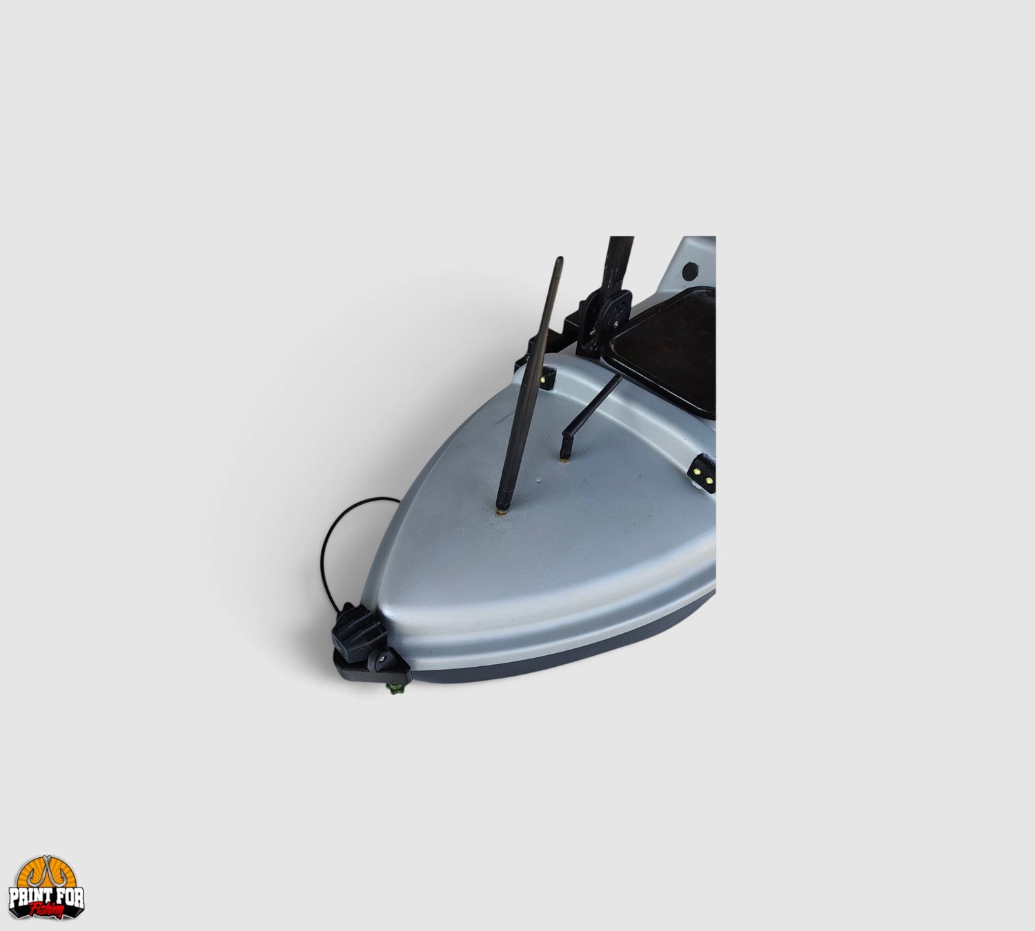 PrintForFishing removable FPV camera mounted on the bow of a grey Anatec Monocoque bait boat for precise navigation.