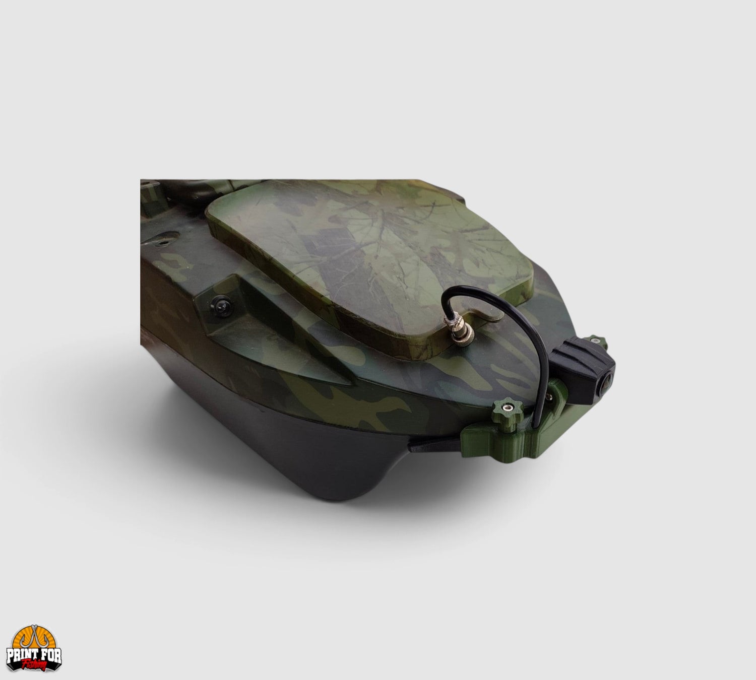 PrintForFishing removable FPV camera mounted on a camouflage Anatec PackBoat bait boat for precise navigation