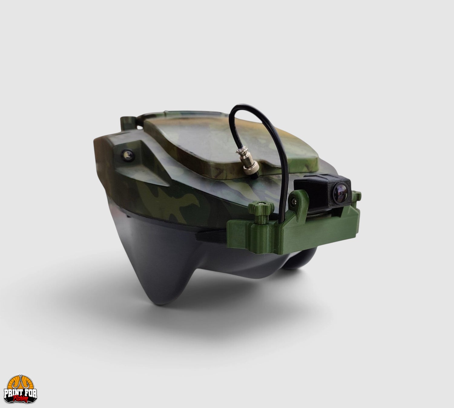 PrintForFishing removable FPV camera mounted on a camouflage Anatec PackBoat bait boat for precise navigation