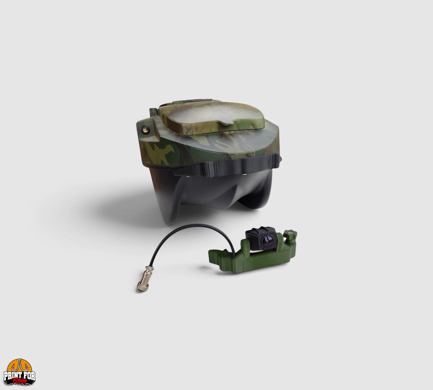 PrintForFishing removable FPV camera kit for Anatec PackBoat bait boat with green mounting bracket and wiring
