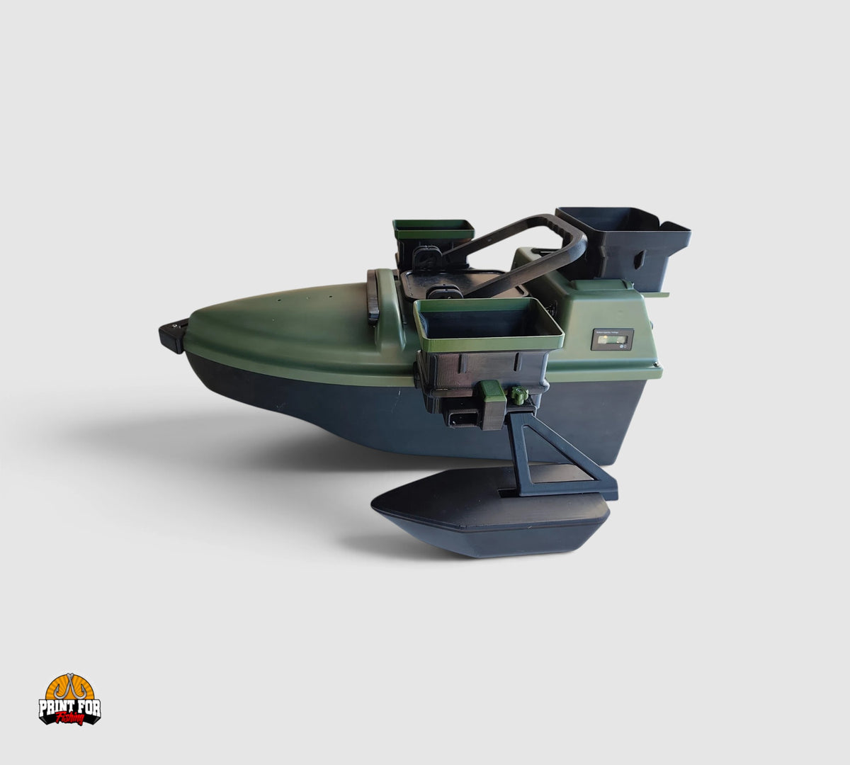 PrintForFishing 3D printed green and black bait boat hoppers and side floats for Anatec Monocoque fishing gear