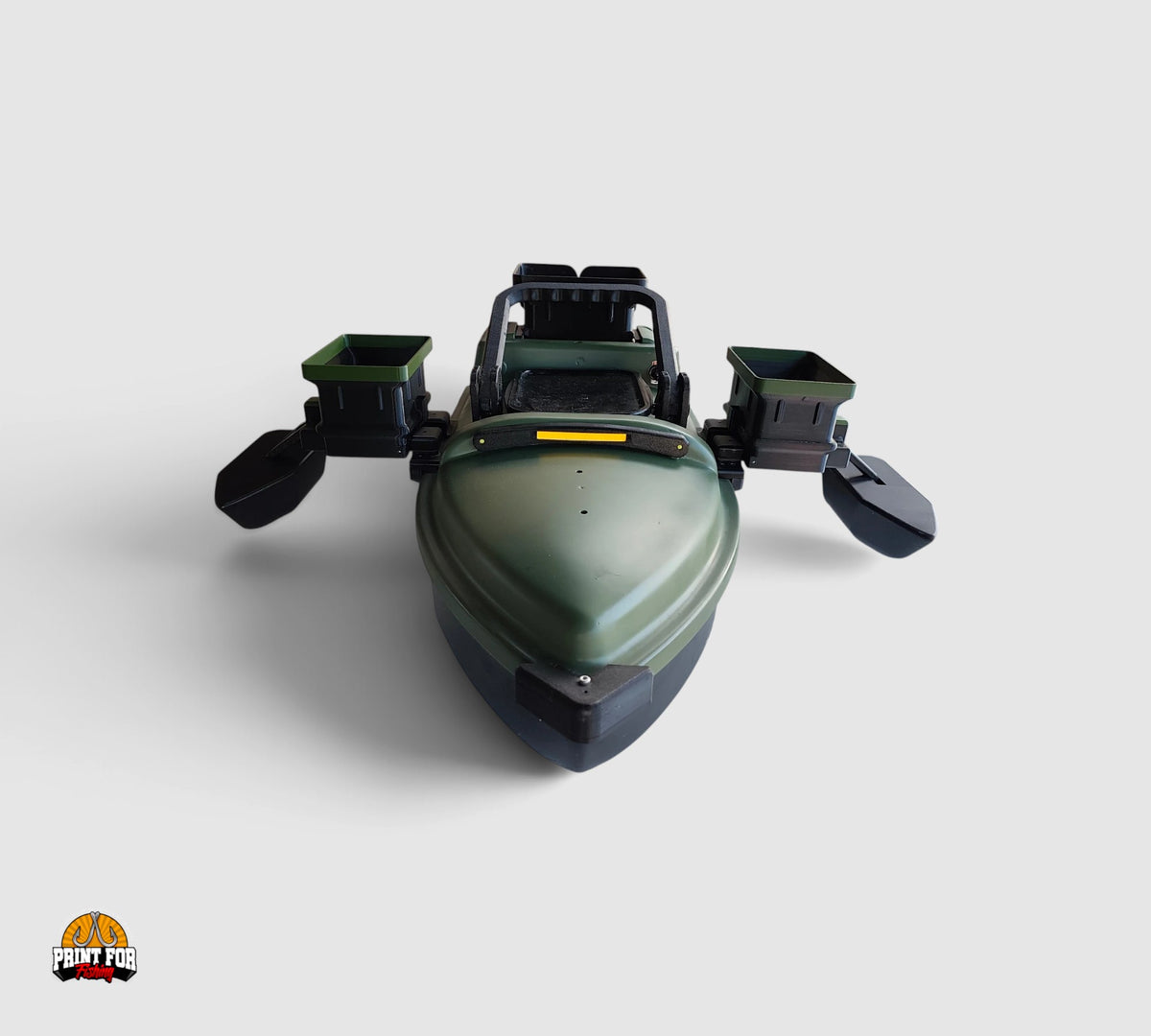 PrintForFishing 3D printed green bait buckets and black floats attached to an Anatec Monocoque fishing bait boat