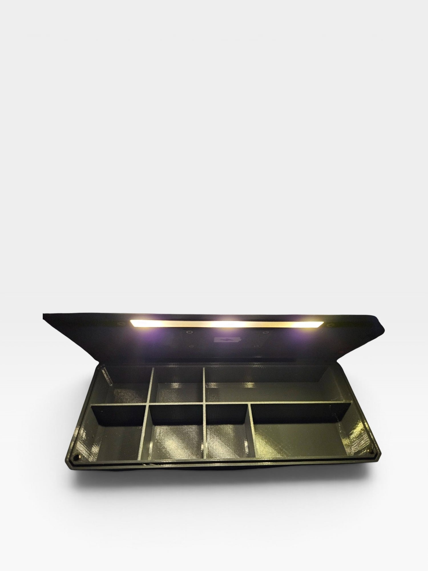 Boîte à pêche PrintForFishing noire avec compartiments internes et éclairage LED automatique pour la pêche de nuit