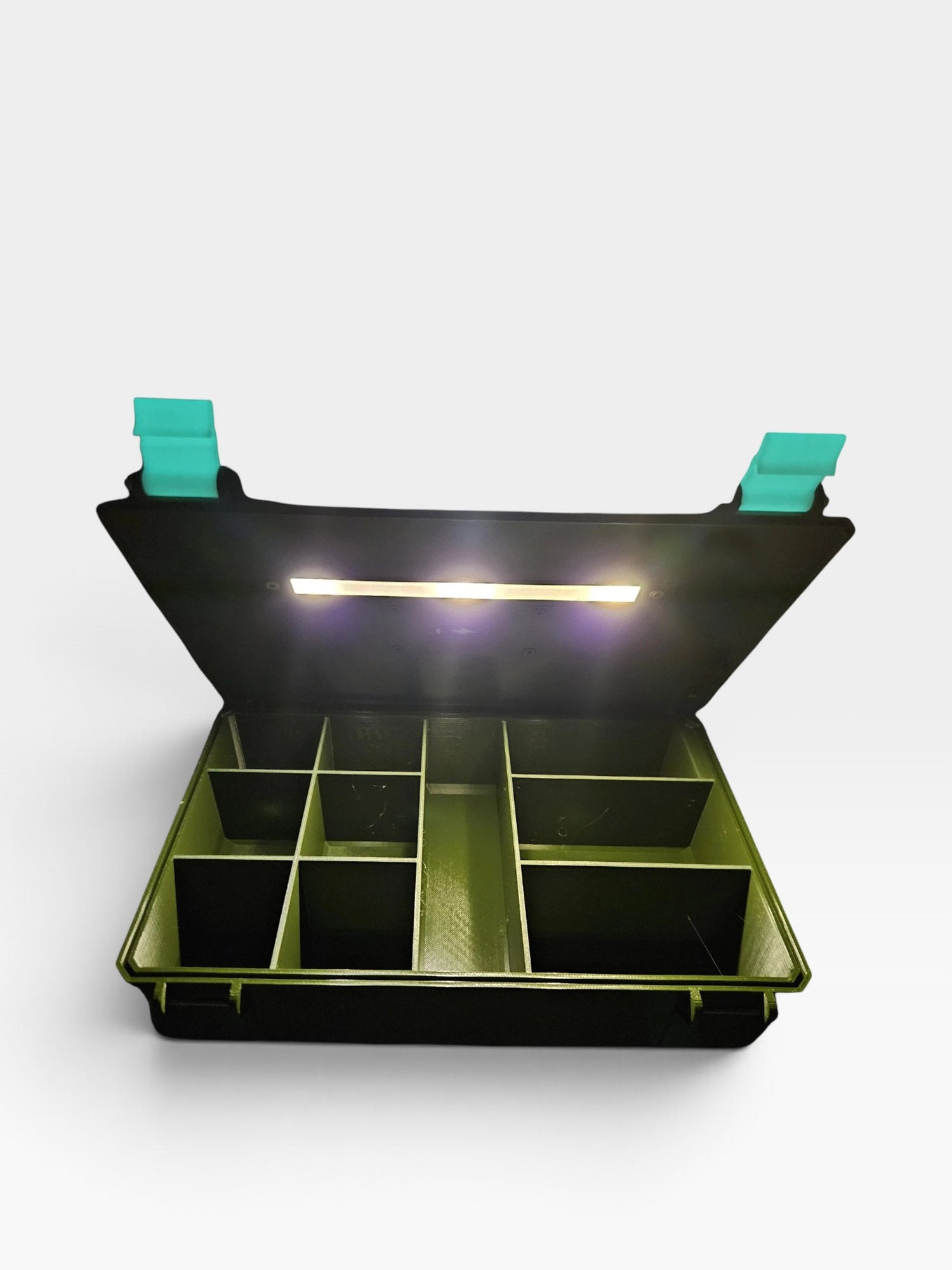 Boîte à pêche PrintForFishing noire avec compartiments verts et éclairage LED automatique intégré pour la nuit