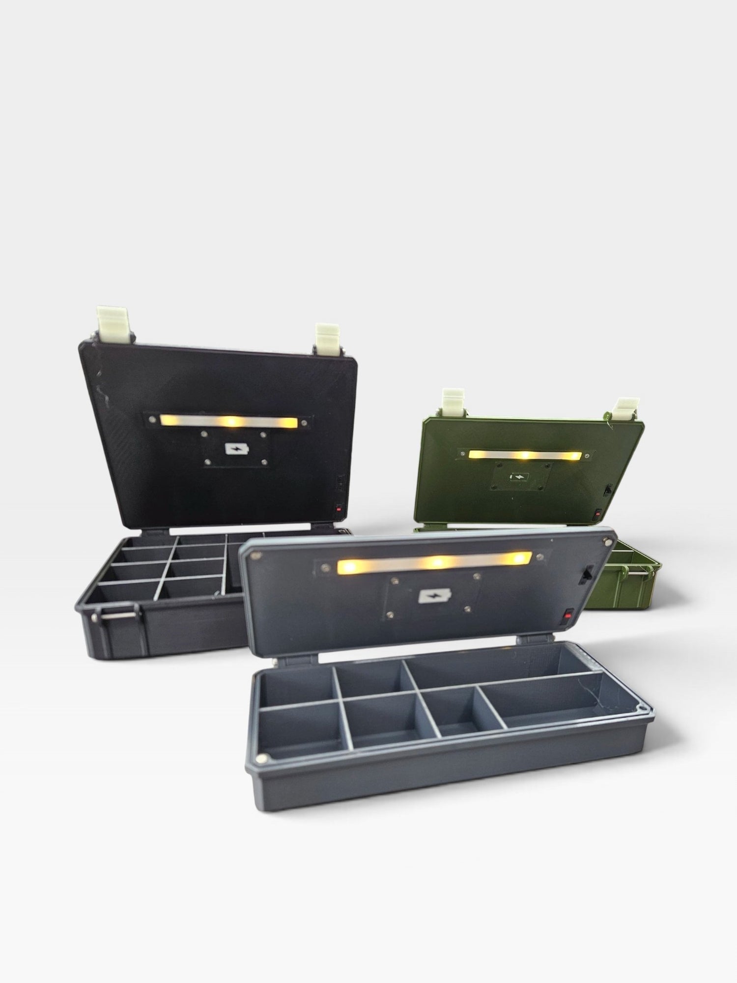 Boîtes à pêche PrintForFishing rétroéclairées avec compartiments internes et fermetures à clips phosphorescents