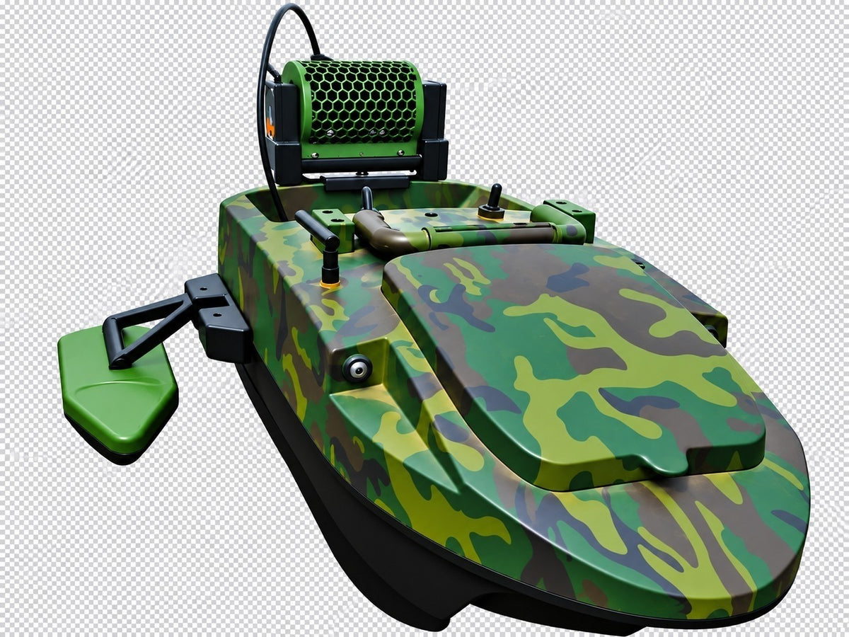 Caméra subaquatique PrintForFishing montée sur un bateau amorceur Anatec PackBoat au motif camouflage vert