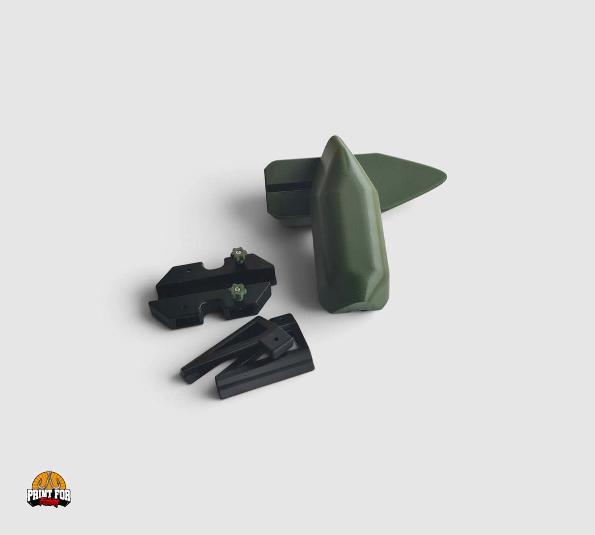 PrintForFishing simple float kit for Anatec PackBoat bait boat in olive green and black, showing mounting brackets.