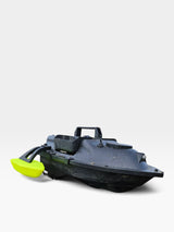 Stabilisateurs PrintForFishing jaunes pour bateau amorceur D18, assurant stabilité et équilibre en eau agitée.